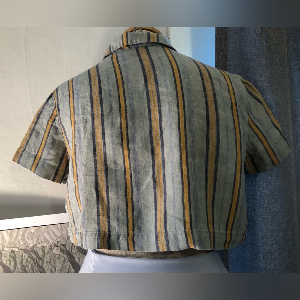 Caractere Striped Linen Button Up Cropped Made in Italy Blue Orange Small - Picture 5 of 10
